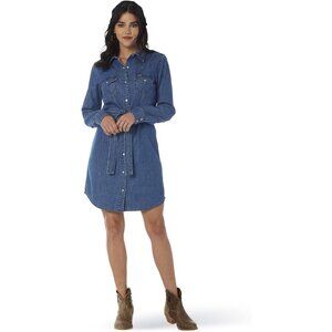 🆕Women’s Denim Long Sleeve Snap Dress Casual Cotton Mid Wash Western Style